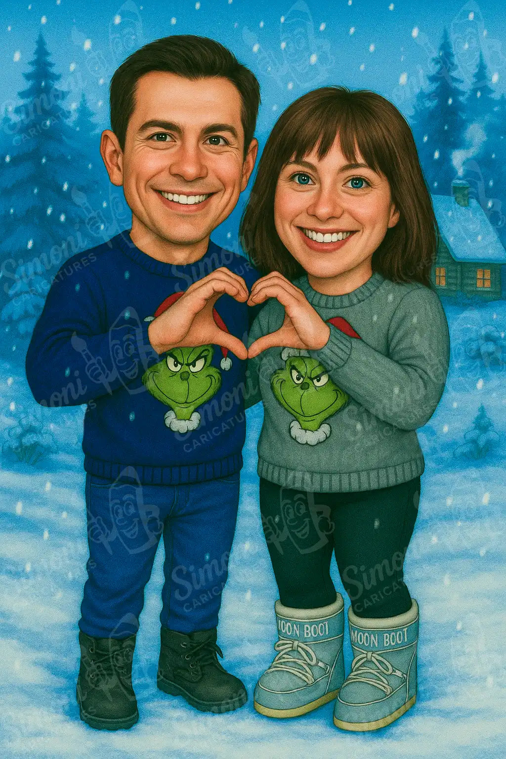 Карикатура на двойка в снежна зимна сцена с ръце във форма на сърце, тематични портрети и персонализирани подаръци, Simoni Caricatures.